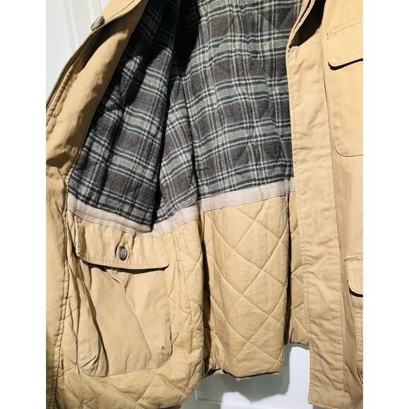 ST JOHNS BAY Men's XL Canvas Tan Flannel Lined Barn Chore Coat Leather Collar - Picture 4 of 15